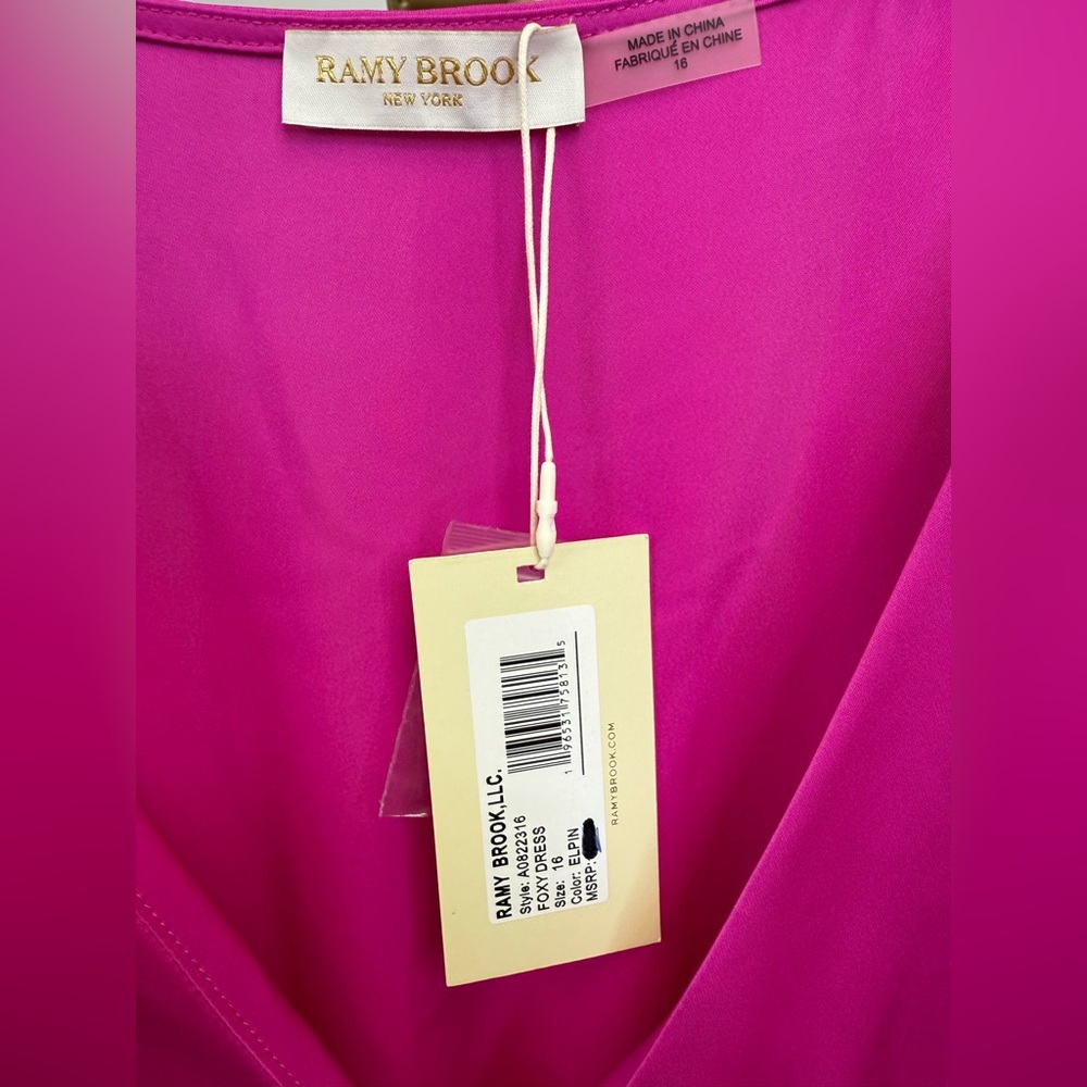 NWT Ramy Brook Foxy V-Neck Ruched Minidress Electric Pink Size 16 - Picture 3 of 6